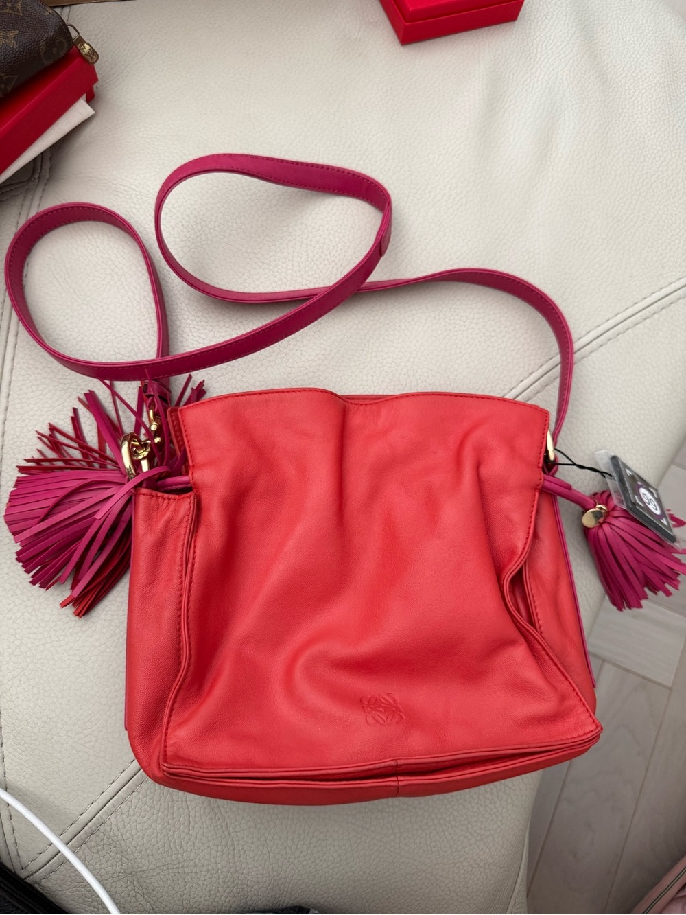 LOEWE Red Leather Crossbody with Pink Strap and Tassels with COA